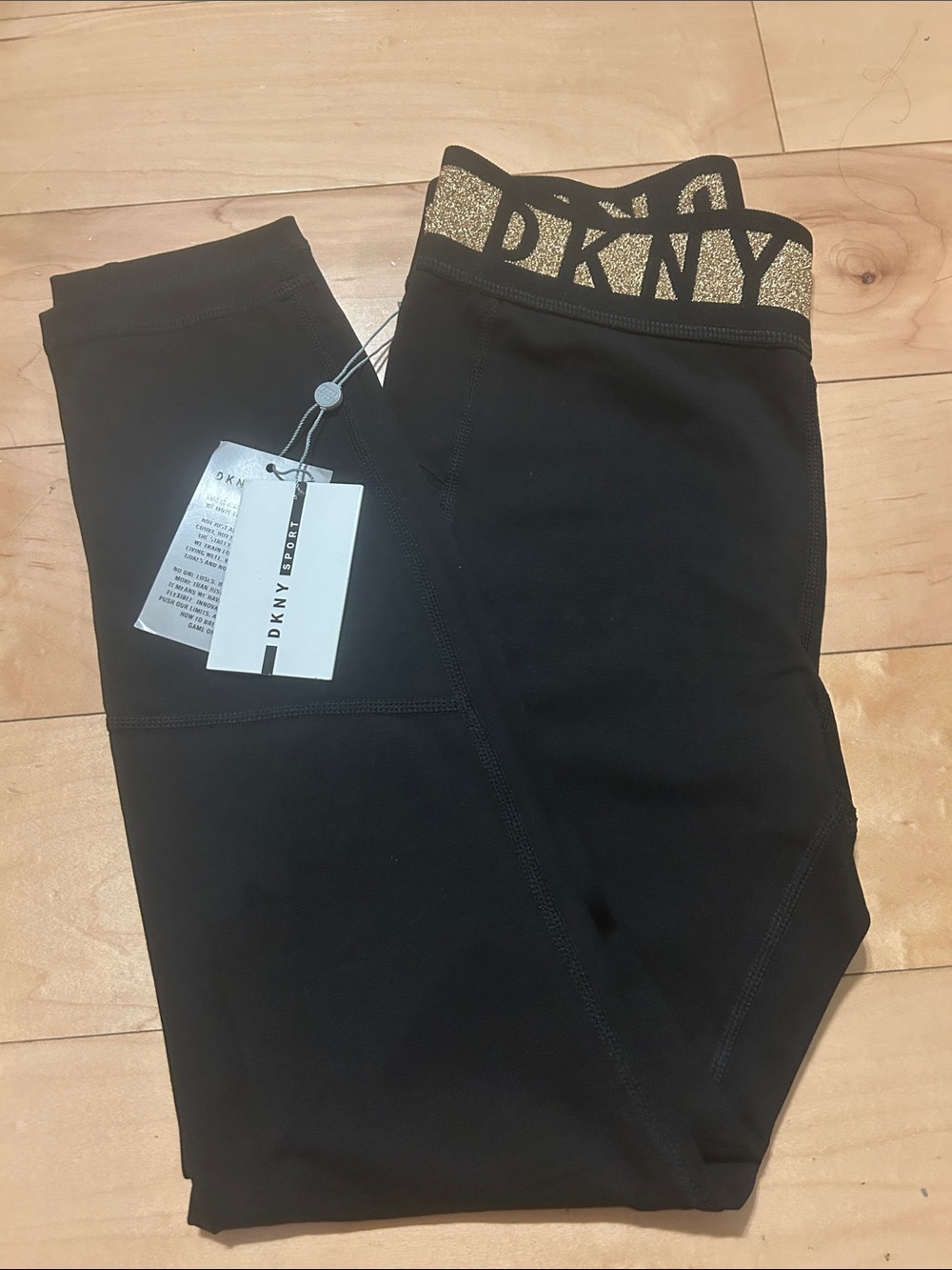 DKNY Black Leggings with Gold Logo Waistband Detail